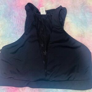 Women's Black High-Neck Stars Mesh Electric Yoga Sports Bra LARGE NWOT